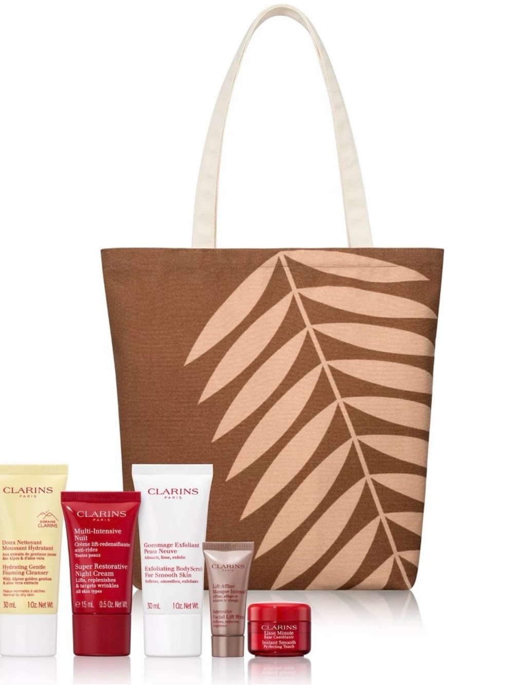 Clarins Skincare Set with Brown Palm-Leaf Tote